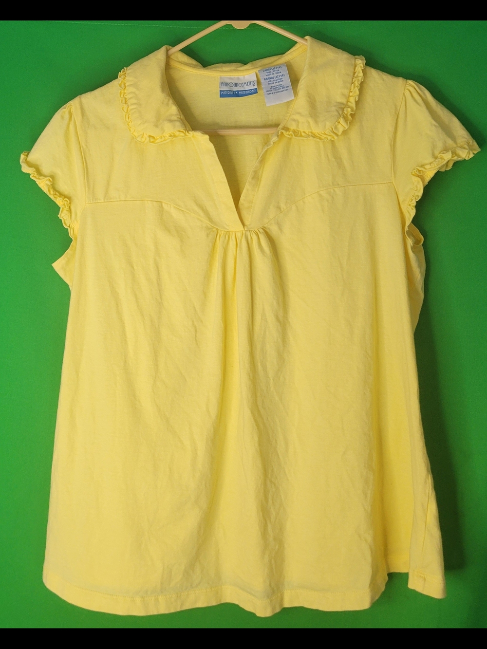Yellow Ruffle-Trim Short Sleeve Blouse Women Annoucements Maternity Large 12 14